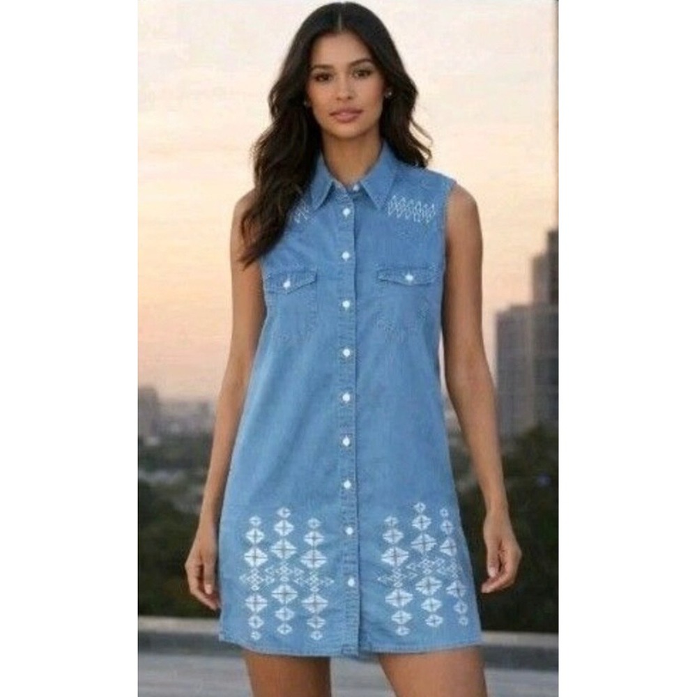 Bit & Bridle Sleeveless Denim Shirt Dress Women's Size Medium Western Button Up